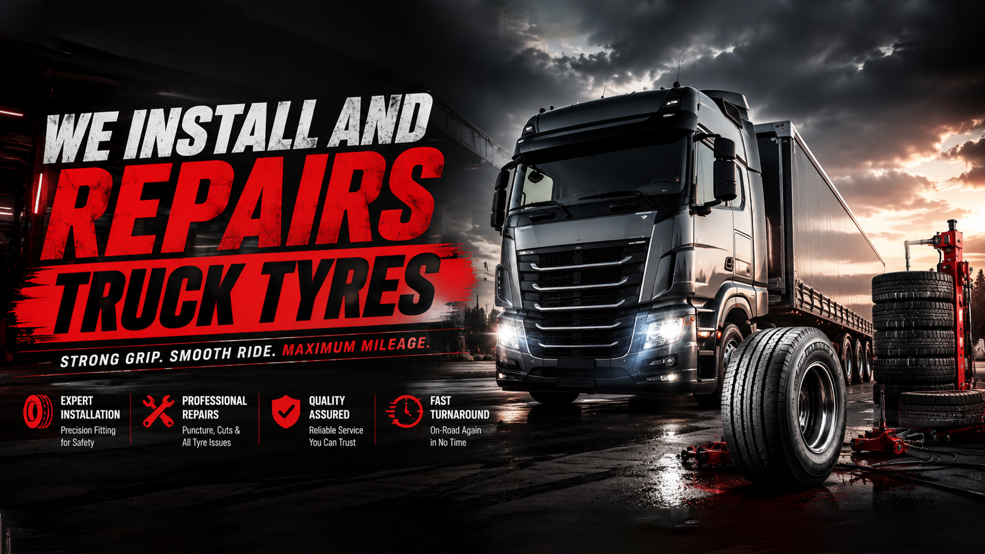 We install and repair truck tyres. Strong grip, smooth ride, maximum mileage.